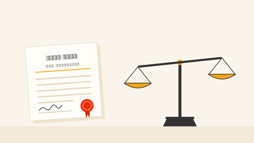 Scales of justice beside a last will and testament document with a wax seal